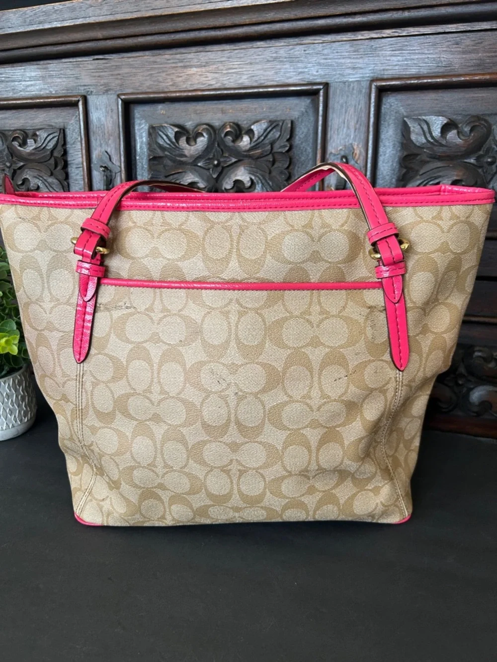 Coach Tan Signature Canvas Tote with Pink Trim and Handles